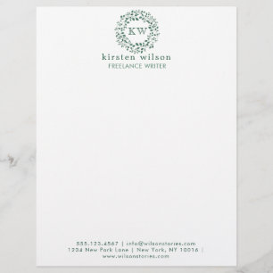 Green leaves wreath Monogram Letterhead