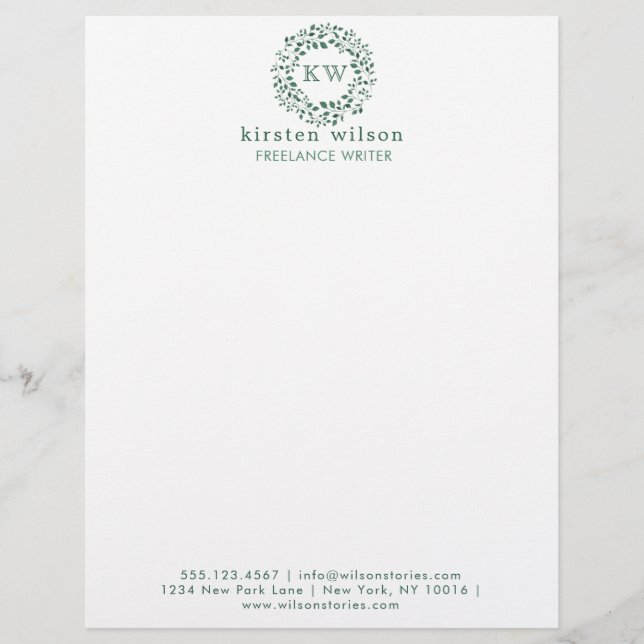 Green leaves wreath | Monogram Letterhead (Front)