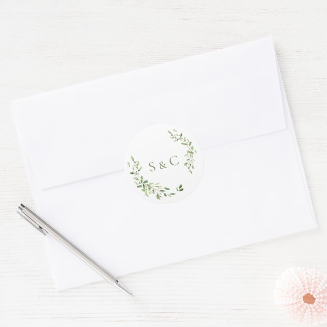 Green leaves Wreath Monogram Wedding Classic Round Sticker (Envelope)