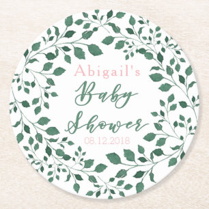 Green Leaves Wreath Personalized Baby Shower Round Paper Coaster