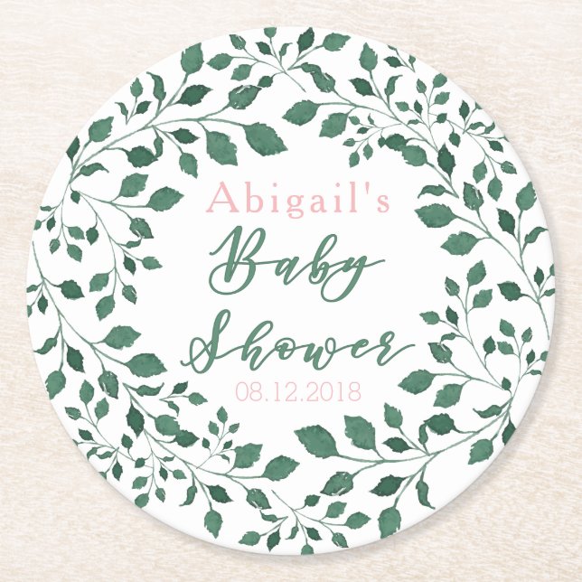 Green Leaves Wreath | Personalized Baby Shower Round Paper Coaster (Front)