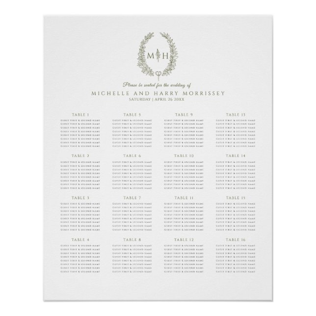 Green leaves wreath wedding 16 table seating chart (Front)