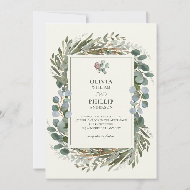 GREEN LEAVES WREATH WEDDING  INVITATION (Front)