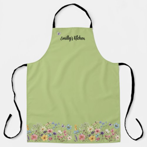Green lemon wildflower dragonfly and butterfly  apron