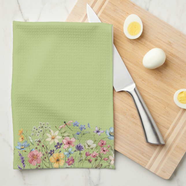 Green lemon wildflower dragonfly and butterfly  kitchen towel (Quarter Fold)