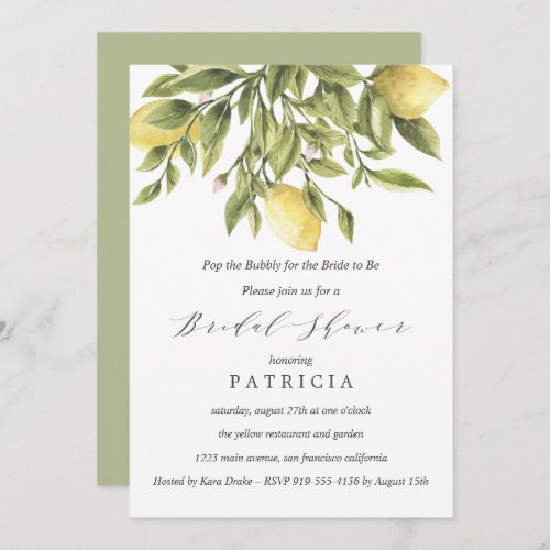 Green  Lemons and Foliage Wedding Bridal Shower Invitation