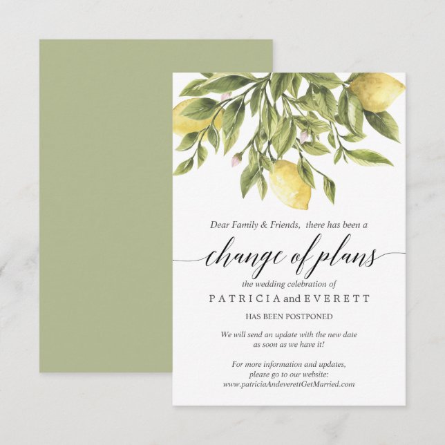 Green Lemons and Foliage Wedding Change of Plans Invitation (Front/Back)