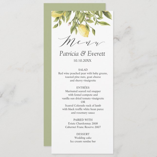 Green | Lemons and Leaves Boho chic Wedding Invitation (Front/Back)