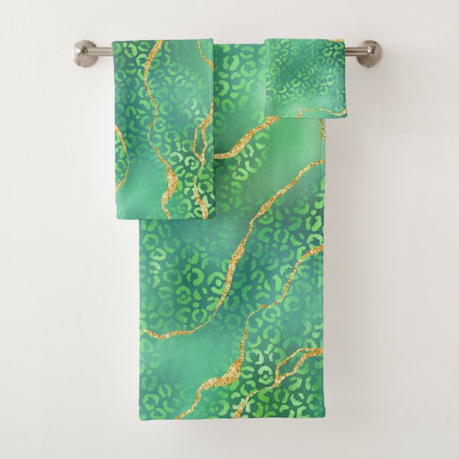 Green Leopard Agate Gold Glitter Design Bath Towel Set (Insitu)
