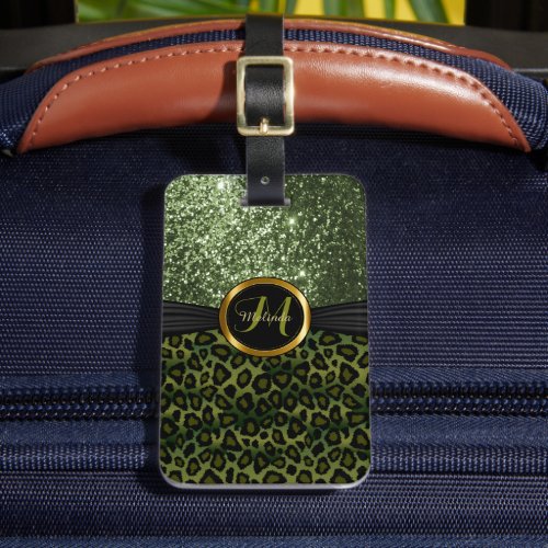 Green Leopard Animal Skin and Glitter _ Monogram Luggage Tag
