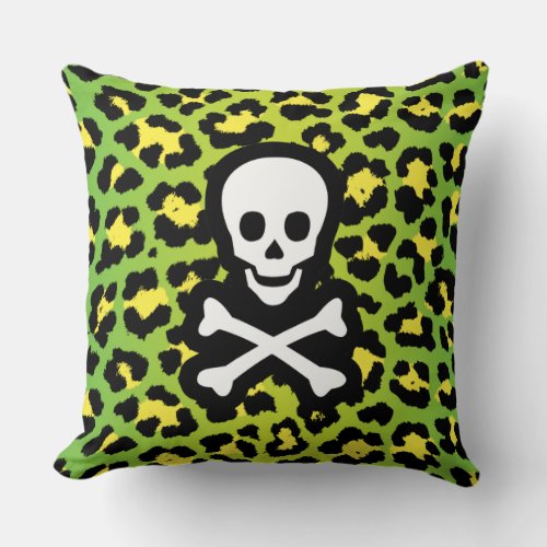 Green Leopard Print Jolly Roger Pirate Edgy Punk Throw Pillow