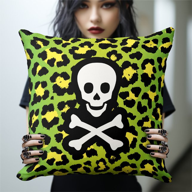Green Leopard Print Jolly Roger Pirate Edgy Punk Throw Pillow (Creator Uploaded)
