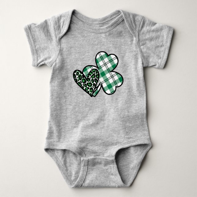 Green Leopard Print Love Shamrock Buffalo Plaid Baby Bodysuit (Front)