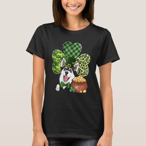 Green Leopard Shamrock Husky Leprechauns St Patric T_Shirt