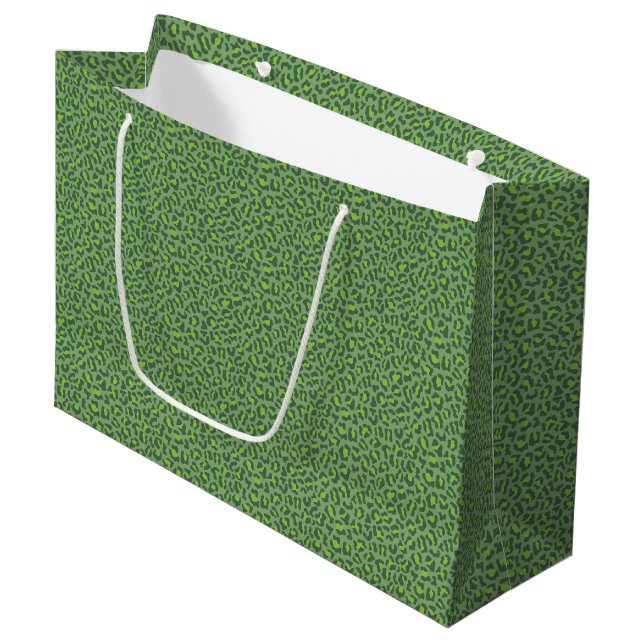Green leopard skin pattern large gift bag (Front Angled)