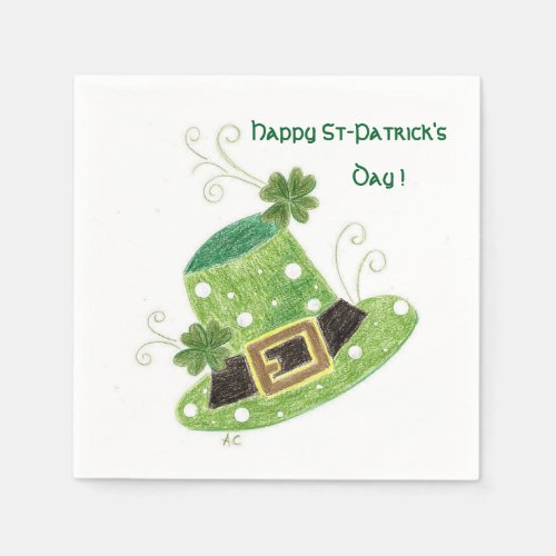 Green leprechauns hat white cocktail paper napkin