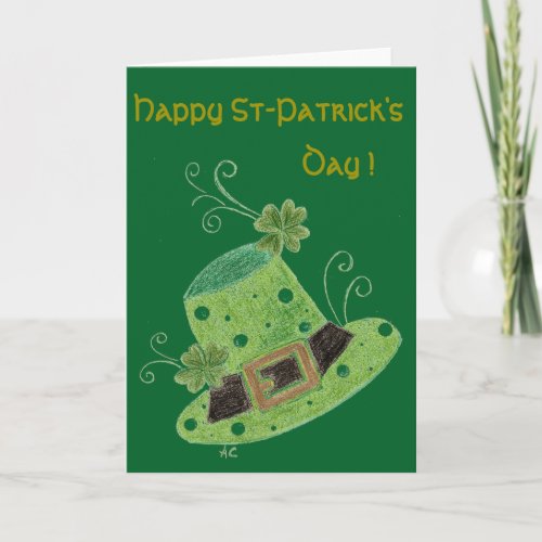 Green leprechauns hat with polka dots card
