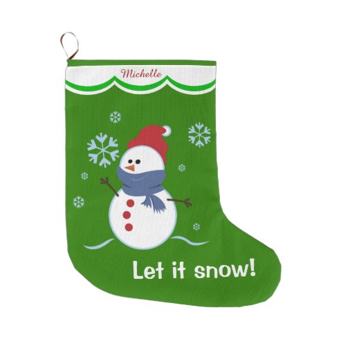 Green Let it Snow Snowman Personalized Large Christmas Stocking