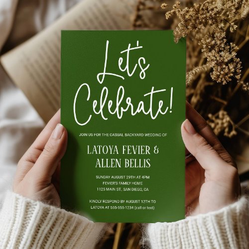 Green Lets Celebrate Casual Backyard Wedding Invitation