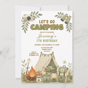Green Let's Go Camping Birthday Outdoor Adventure Invitation