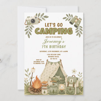 Green Let's Go Camping Birthday Outdoor Adventure Invitation