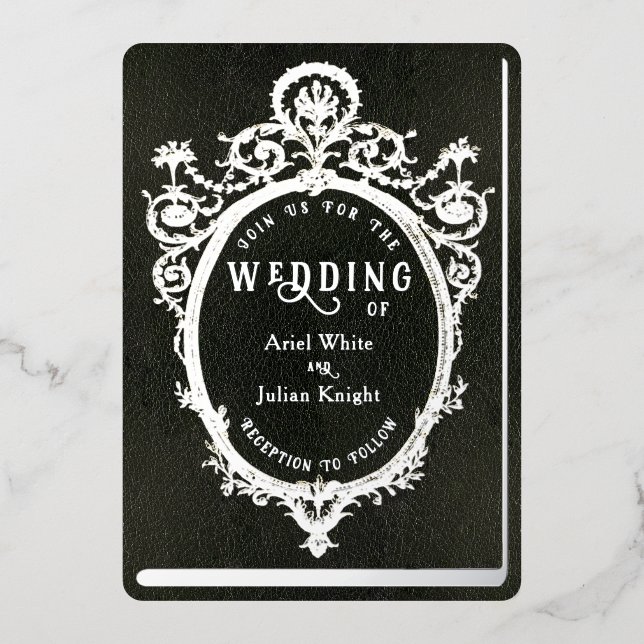 Green Library Book Wedding Ornate Frame Silver Foil Invitation (Front)