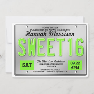 Green License Plate Sweet 16 Party Invitations