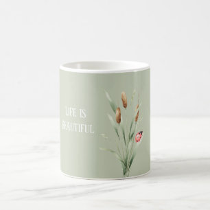 Green Life is Beautiful Cattails Ladybug Coffee Mug