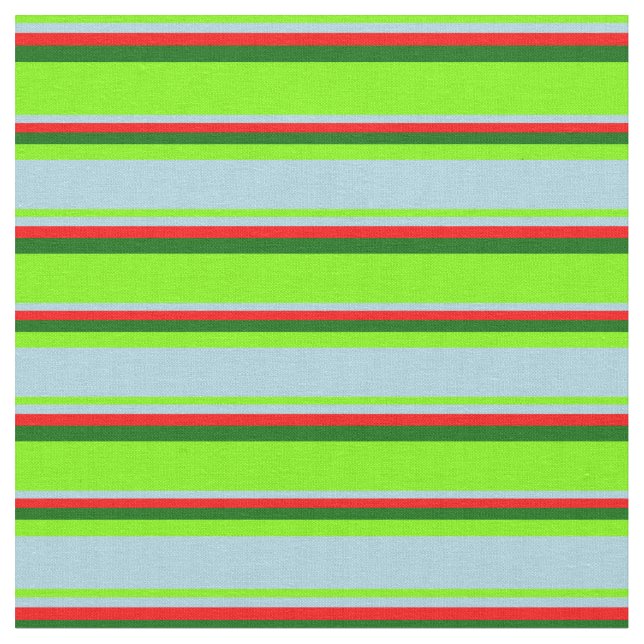 Green, Light Blue, Red & Dark Green Stripes Fabric (Close Up)