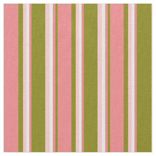 Green, Light Coral, White & Pink Stripes Fabric (Close Up)