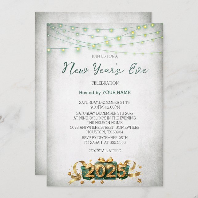 Green Light Present Elegant New Year's Invitation (Front/Back)