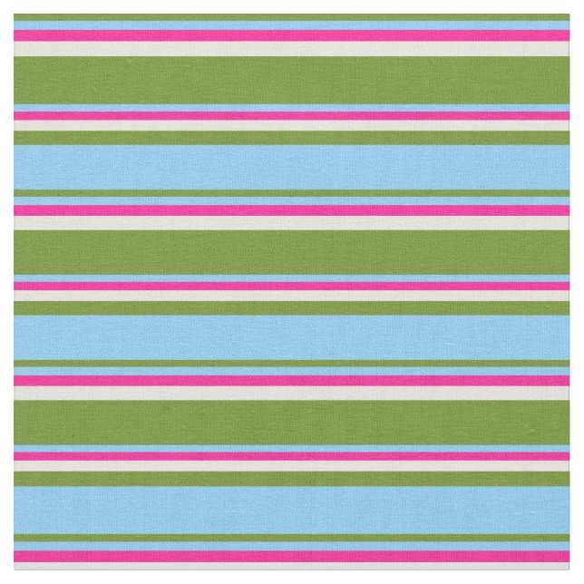 Green, Light Sky Blue, Deep Pink, and Beige Lines Fabric (Close Up)