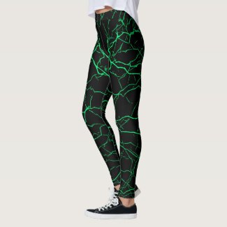 Green lightning, bolts pattern, thunders on black leggings