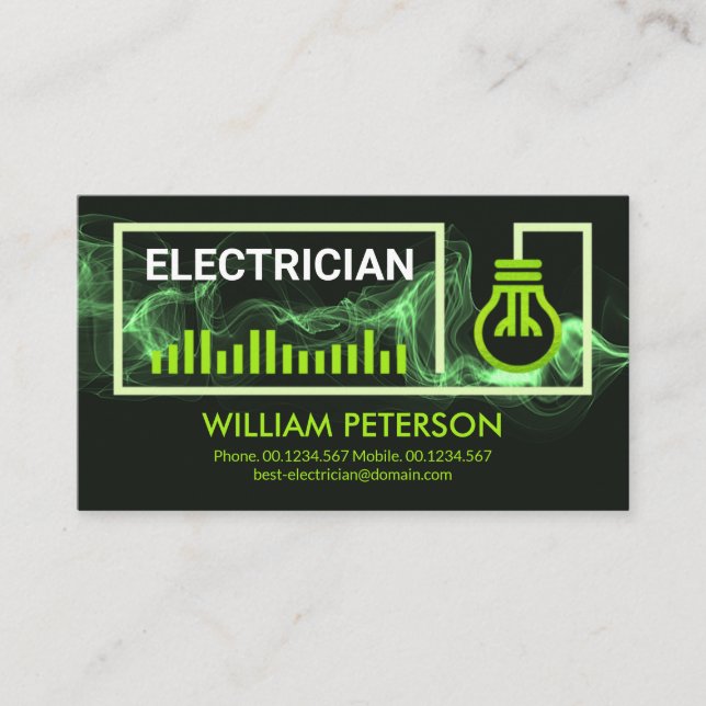 Green Lightning Wire Frame Electrician Contractor Business Card (Front)