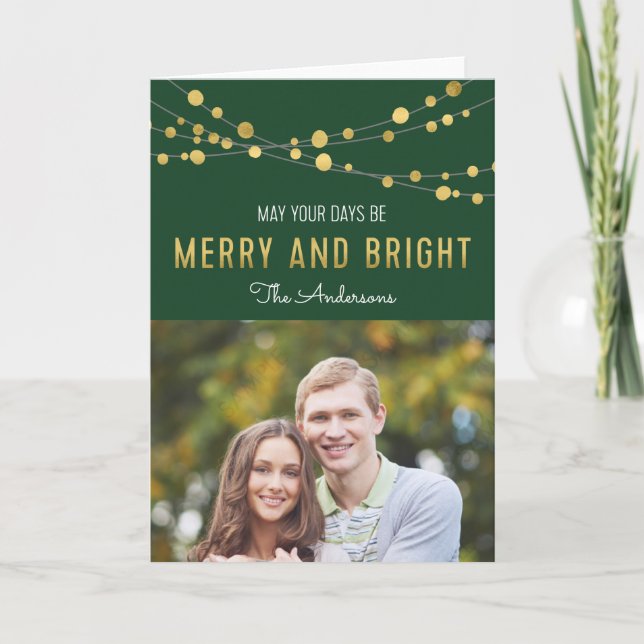 Green Lights Faux Gold Merry and Bright Photo Holiday Card (Front)