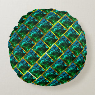 Green like emerald under a golden grating? round pillow