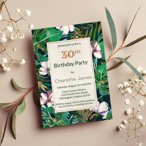 Green Lilac Gold Tropical Floral 30th Birthday Invitation