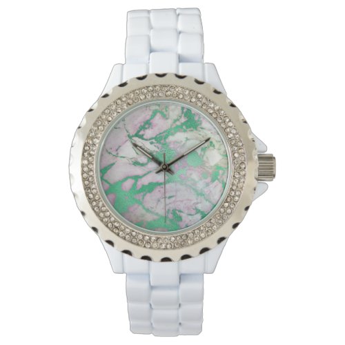 GREEN LILAC SWIRL MARBLE WHITE SPARKLE BAND WATCH