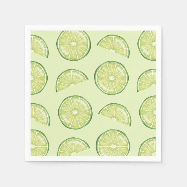 Green Lime Citrus Fruit Slices Illustrated Pattern Napkins (Front)