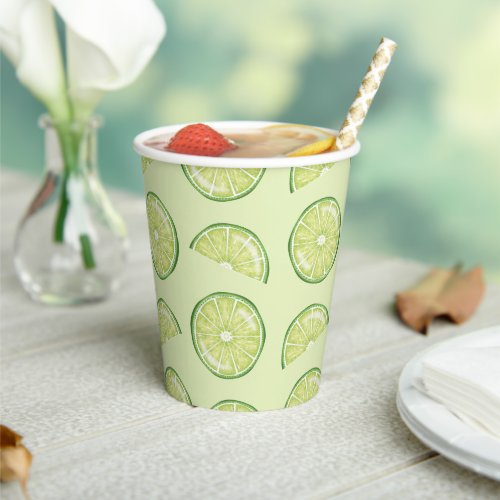 Green Lime Citrus Fruit Slices Illustrated Pattern Paper Cups