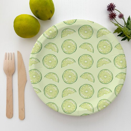 Green Lime Citrus Fruit Slices Illustrated Pattern Paper Plates
