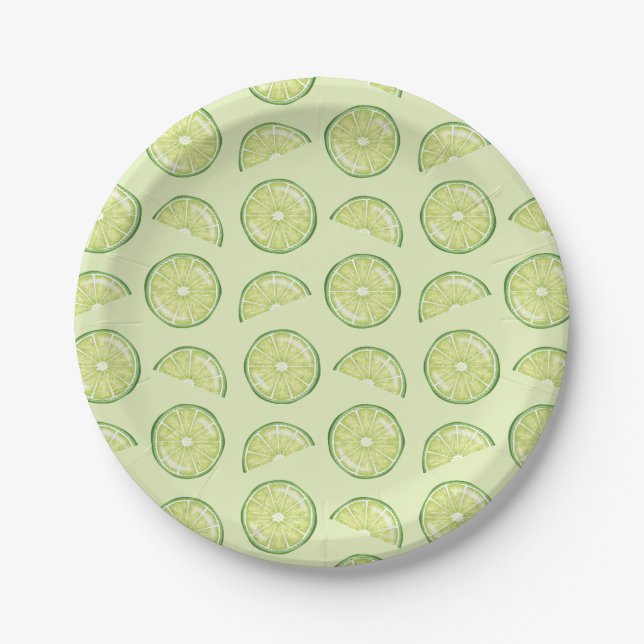 Green Lime Citrus Fruit Slices Illustrated Pattern Paper Plates (Front)
