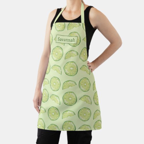 Green Lime Citrus Fruits Pattern With Custom Name Apron