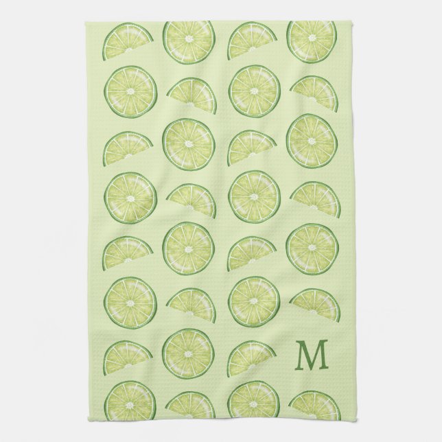 Green Lime Citrus Fruits With Custom Monogram Kitchen Towel (Vertical)