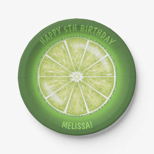 Green Lime Fruit Slice Illustration Birthday Paper Plates (Front)