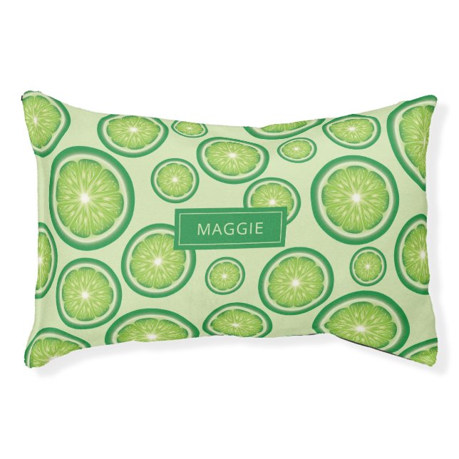 Green Lime Fruit Slices Pattern & Custom Pet Name Pet Bed (Front)