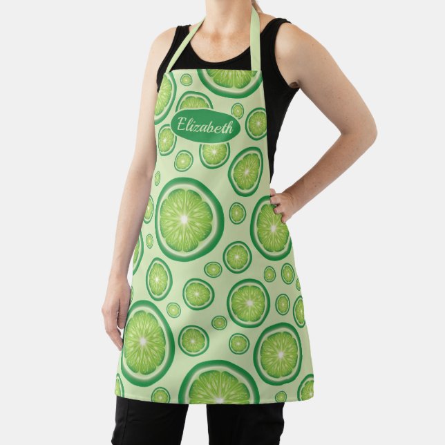 Green Lime Fruit Slices Pattern With Custom Name Apron (Insitu)