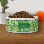 Green Lime Fruit Slices Pattern With Custom Name Bowl<br><div class="desc">Pattern of green lime fruit slices in different sizes together with a personalizable text area for a name or other custom text such as "food" or "water". The top and bottom have a green border while the background color is light green creating a nice base for the lime slices to...</div>