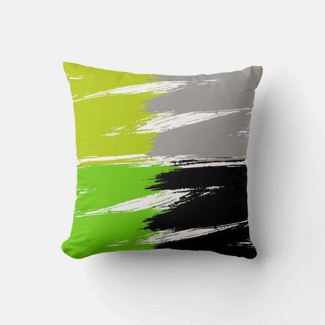 Green Lime Gray Black White Brush Stroke Paint Throw Pillow (Front)