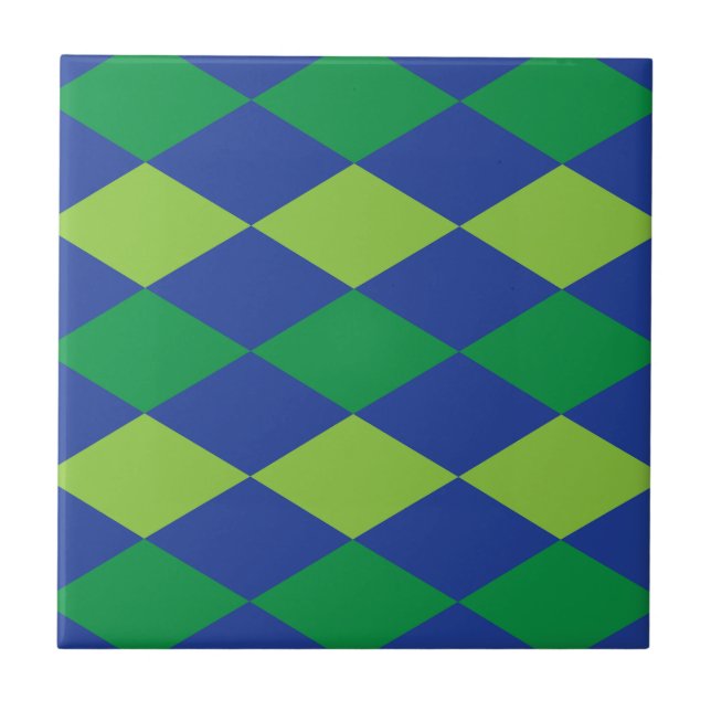 Green Lime Green Diamond Checkered Pattern Ceramic Tile (Front)
